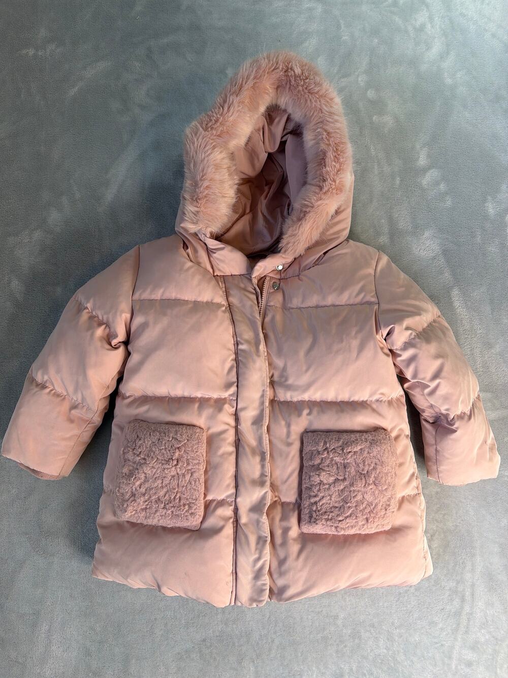 Zara Baby Girl Light Pink Hooded Winter Puffer Coat Faux Fur Pockets Size 3-4 Yr